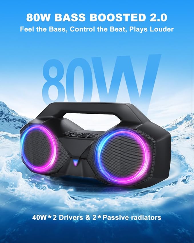 Bluetooth Speaker 80W(Peak)Loud with Bass, 20H Playtime, IPX7 Waterproof, RGB Lights, TWS, Large Portable Wireless Speakers for Outdoor, Home, Party, Pool, Beach, Tailgating, Gym, Work, Gifts (Black)