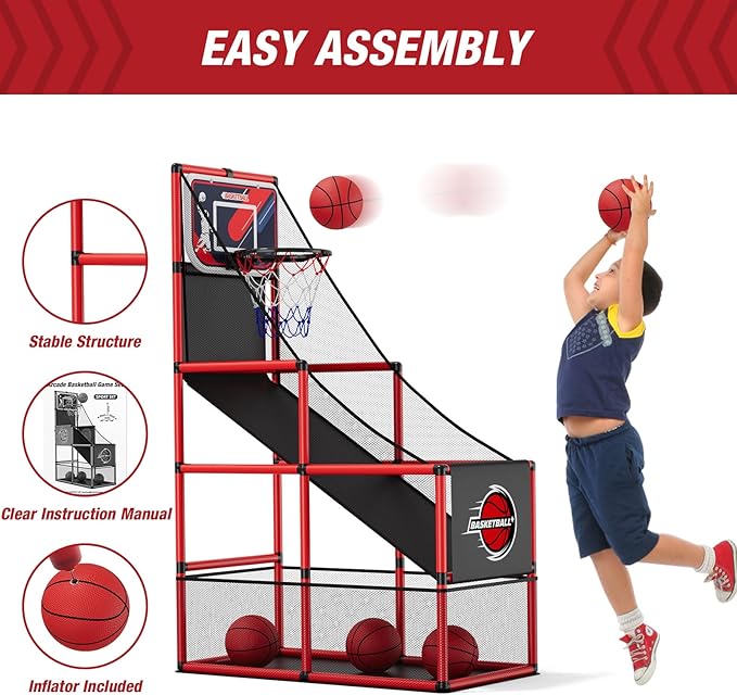 Basketball Arcade Game Indoor Outdoor, Kids Basketball Hoop with 4 Balls & Pump, Single Shot Basketball Game at Home, Carnival Games Sport Toys Gifts for Boys Girls Teens