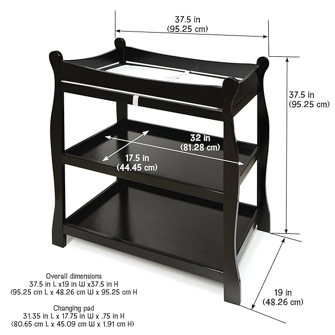 Badger Basket Sleigh Style Baby Changing Table - Nursery Diaper Station with Safety Rails, Foam Pad, and Two Storage Shelves - Nursery Organizer - Black