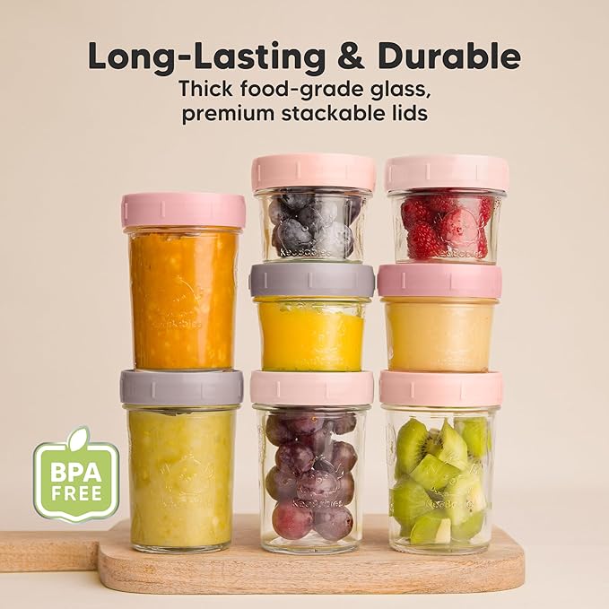 KeaBabies 4pk 8oz Glass Baby Food Containers with Lids - Leak-Proof, Microwavable Small Glass Jars, Baby Purees & Toddler Snack Storage Containers, BPA-Free, Dishwasher & Freezer Safe (Roseate)