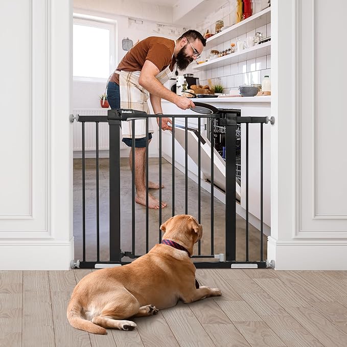Babelio Baby Gate, 29-43" Auto-Close Easy Install Pet Gate, Extra Wide Walk Thru Child Safety Gate, 30" Tall Pressure-Mounted Metal Dog Gate for Doorways & Stairs, Black
