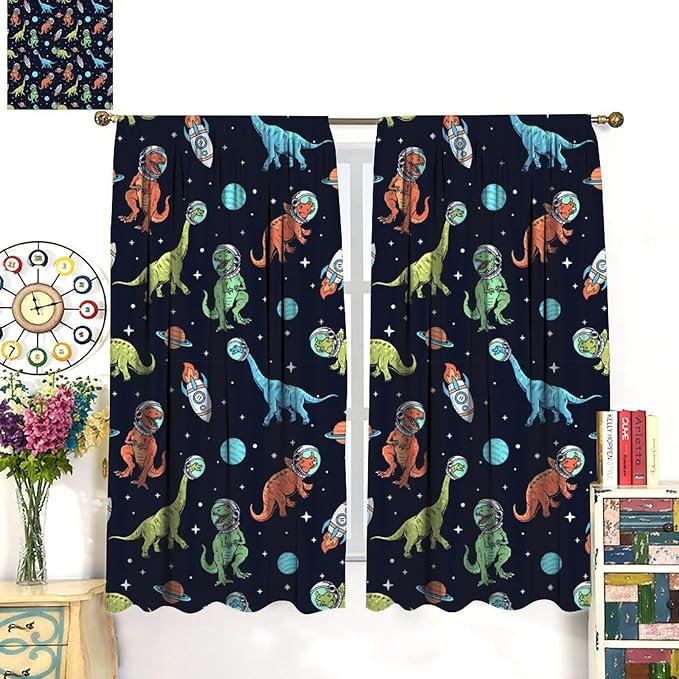 Cartoon Dinosaur Curtains for Kids Boys Girls Home Decor, Astronaut Rocket Funny Outer Space Blackout Rod Pocket Window Drapes for Bedroom Living Room W21xL45in 2 Panels