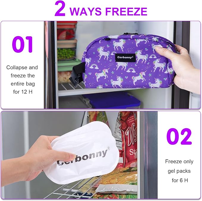 Cerbonny Small Freezable Cooler Bag for Work, School, Travel - Insulated Lunch Bag for Kids/Adults, Mini Size Fits Yogurt - Suitable for 3+ (Purple Unicorn)