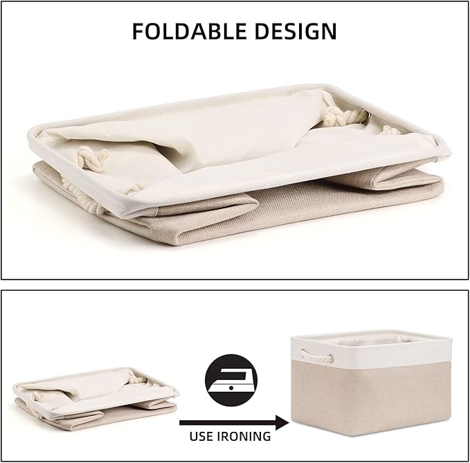 Bidtakay Large Fabric Baskets with Handles [3-Pack] Collapsible Storage Basket for Shelves 15 X 11 X 9.5 inches Canvas Bins for Closet Organization (White&Beige)