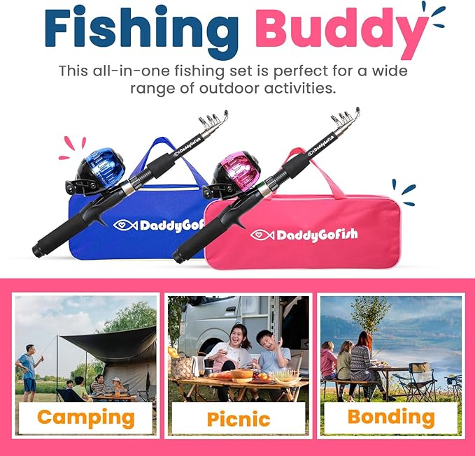 DaddyGoFish Kids Fishing Pole - Rod Reel Combo Tackle Box Starter Set - First Year Small Dock Gear Kit for Boys Girls Toddler Youth Age Beginner Little Children Junior Anglers Older Kids