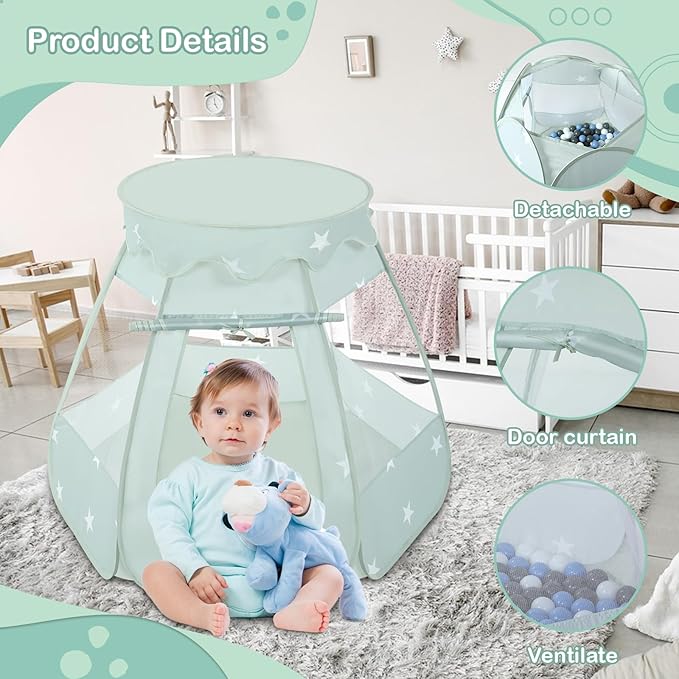 Baby Ball Pit for Toddler with 50 Balls, Kids Pop Up Play Tent for Girls, Princess Toys Gifts for Children Indoor & Outdoor Playhouse (Celadon: Gray/White/Babyblue, 109x90cm/50 Balls)