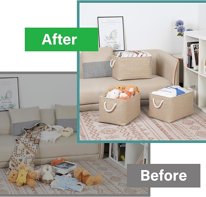 Bidtakay Large Storage Baskets for Shelves 3 Pack Fabric Storage Bins for Organizing Linen Collapsible Organizer for Closet-Flaxen