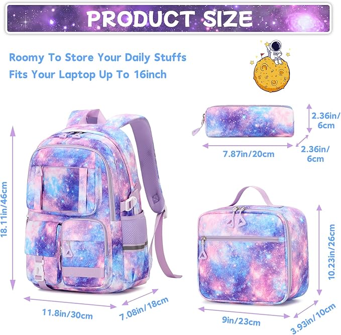 Backpack for Girls 3pcs Set Kids Backpack with Lunch Box Students Kawaii Book Bag for Elementary Primary Middle School Bags - Ita Backpack - Galaxy