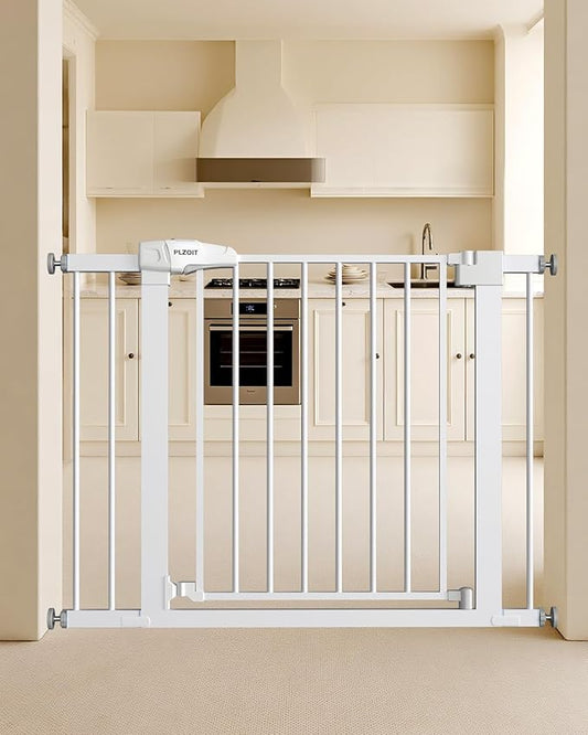Baby Gate for Stairs, 29.5-40.5" Dog Gate for Doorways, Walk Thru Auto Close Metal Child Gate for The House, Stairs and Doorways, Pressure Mounted Pet Gate for Dog Indoor (White)
