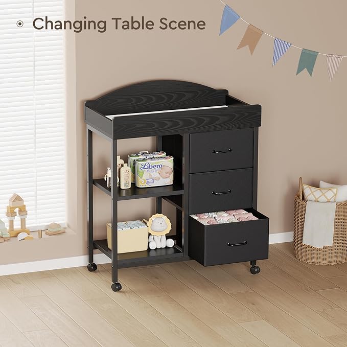 Changing Table Dresser, Baby Dresser with 3 Fabric Drawers and 2 Shelves, Multi-Functional Baby Changing Table with Pad, Classic Nursery Dresser, Diaper Changing Station for Nursery, Black