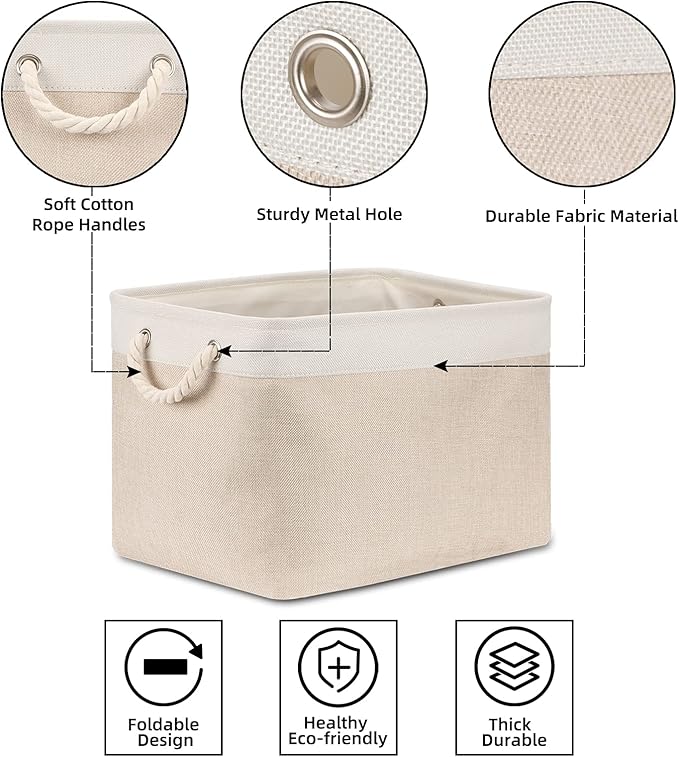 Bidtakay Beige Storage Basket Large Fabric Cloth Baskets [2-Pack] Tall Rectangular Shelf Baskets 16X11.8X11.8 in Canvas Collapsible Storage Bins with Handles for Organizing Living Room(White&Beige)
