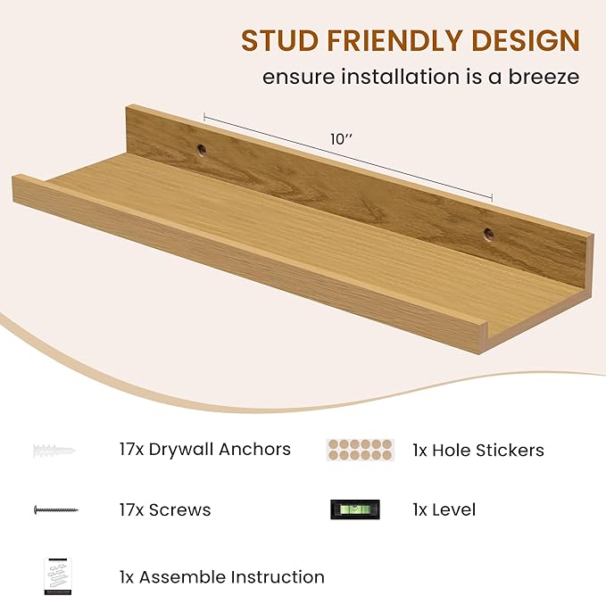 Axeman Picture Ledge Shelf, Floating Shelves for Wall Decor Storage Set of 6, 16 inch Floating Wall Mounted Shelves, Wall Shelves with Lip for Living Room, Bedroom, Nursery, Bathroom, Kitchen, Oak