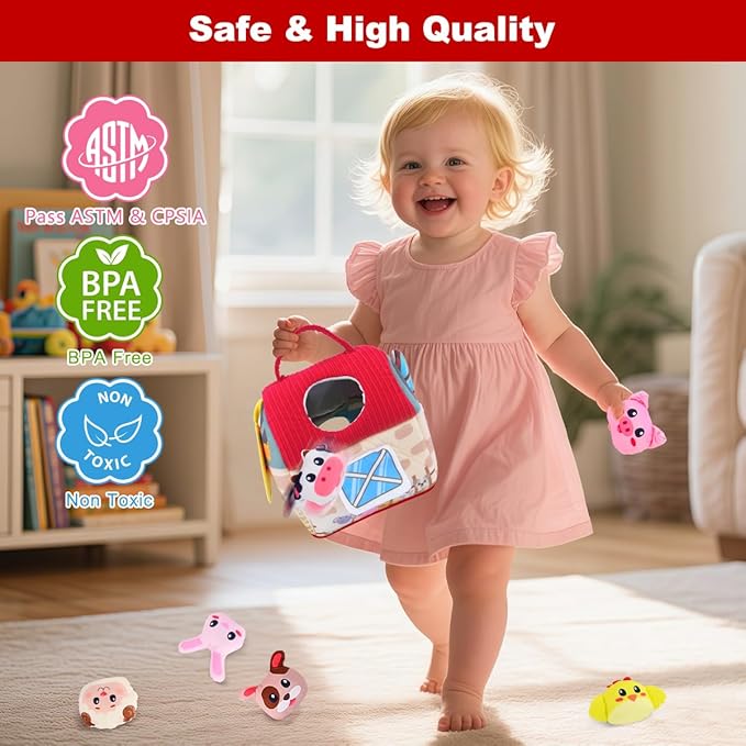 Baby Toys 6-12 Months – Montessori Sensory Barn with Plush Farm Animals, Rattles, Crinkle & Mirror – 1st Birthday Gift or Easter Basket Stuffer for Babies