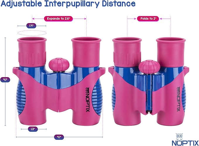 Binoculars for Kids, Girls or Boys Real Kids Binoculars in Vibrant Pink Blue - includes Sticker Book with 40 Bird Species - Kids Toys Small Binoculars, Toddler Binoculars