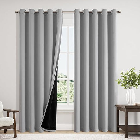 ChrisDowa 100% Blackout Curtains 84 inch Long for Bedroom with Black Liner, Extra Wide 2 Thick Layers Total Blackout Thermal Insulated Grommet Window Curtains 2 Panels Set (Light Grey, 60 x 84 Inch)