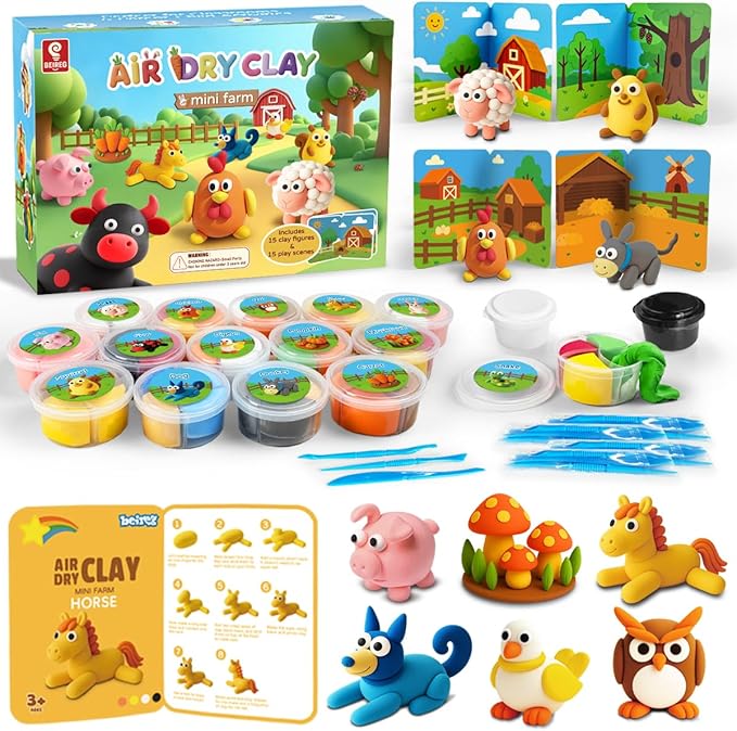 BEIREG Air Dry Clay Farm Adventure Kit for Kids - 15 DIY Farm Animals & Vegetables with Tutorials, Ultra Soft Modeling Magic Clay, Safe Non-Toxic STEM Educational Craft Gift for Boys & Girls Ages 3-12