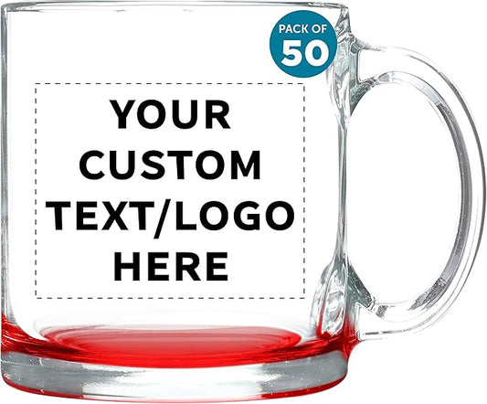 Custom Libbey Clear Glass Coffee Mugs 13 oz. Set of 50, Personalized Bulk Pack - Perfect for Coffee, Tea, Espresso, Hot Cocoa, Other Beverages - Red Bottom