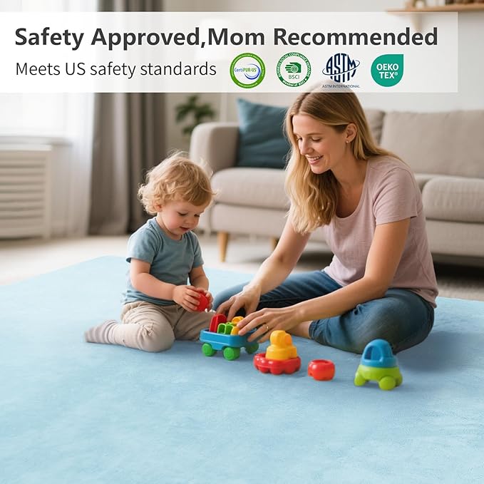 Baby Play Mat for Floor,1.3" Thick Elasti-Foam 50"×50" Playpen Mat for Tummy Time,Water Repellent Soft Coral Velvet for Toddler,Infant,Kids,Non-Slip Backing Safe for Crawling(Light Blue)