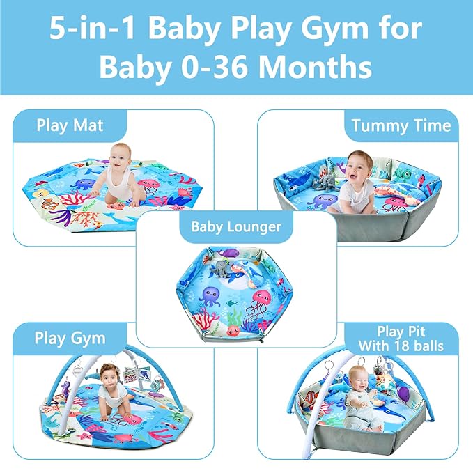 Baby Gym Play Mat, 8-in-1 Tummy Time Mat & Activity Gym, Washable Ball Pit, Infant Play Mat with Detachable Toys for Sensory Exploration and Motor Skill Development