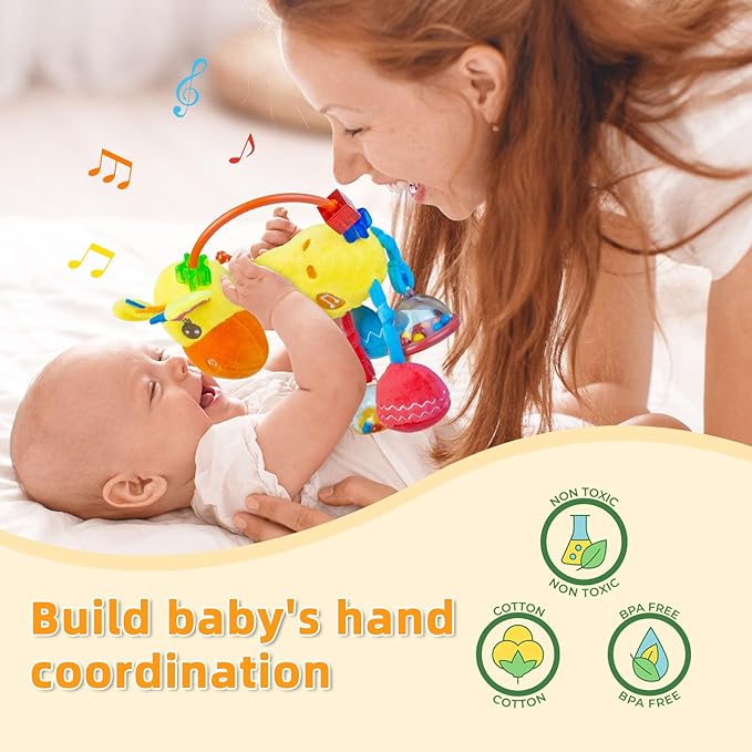 Baby Sensory Toys 0-6 3-6 Months,Infant Baby Musical Stuffed Animal Activity Soft Toys, 3+ Months Rattles Teething Toys for Babies,Tummy Time Toy Gifts for 0-3-6-12 Months Boys, Girls