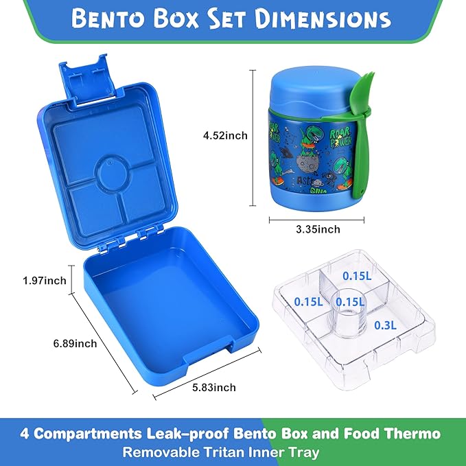 Bento Lunch Box Set With 10oz Soup Thermo, Leak-proof Lunch Containers with 4 Compartment, Kids Hot Thermo Food Jar/Insulation Lunch Bag, Food Containers for School（Dinosaur）