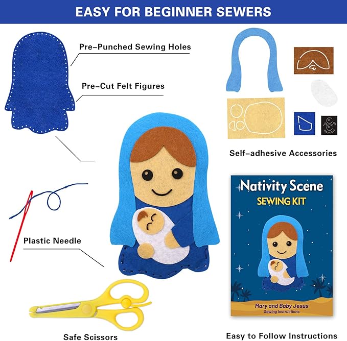 CiyvoLyeen Nativity Scene Craft Kit Christmas Ornaments DIY Kids Craft and Sew Kits for Girls and Boys Educational Beginners Sewing Set