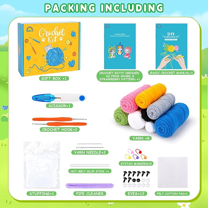 Crochet Kit for Beginners - 3 PCS Crochet Kits with Step-by-Step Video Tutorials, Beginner Crochet Kit for Adults Kid, Crochet Animal Kit for Starters, Cat Dressed as Shark Frog Strawberry