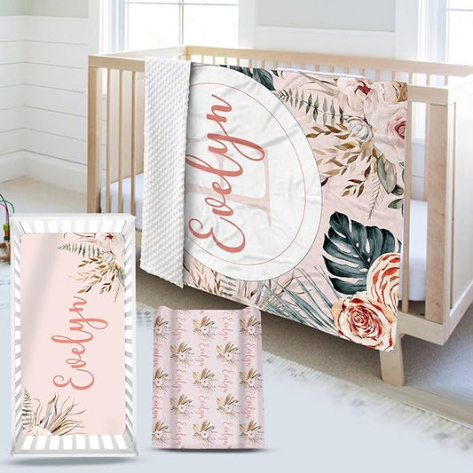 Custom Name Crib Bedding Set - Bohemian Flowers Design, Personalized Baby Nursery Bedding 3-Piece Set– Soft Blanket, Fitted Sheet, Changing Pad Cover – for Newborns Girls Nursery Gifts