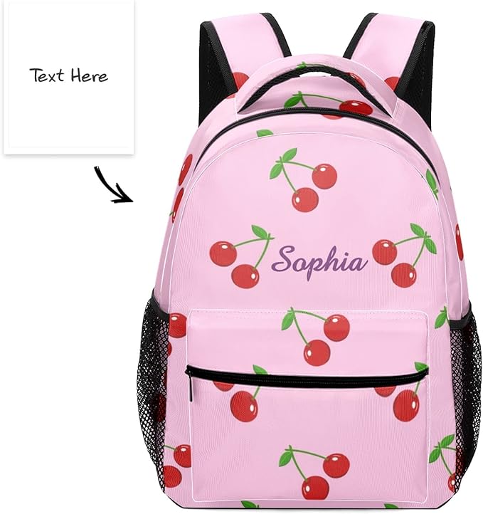 Cherry on Pink Custom Kids Backpack 16.5 Inch for Boy Girl, Personalized Waterproof Child School Travel Bag with Name