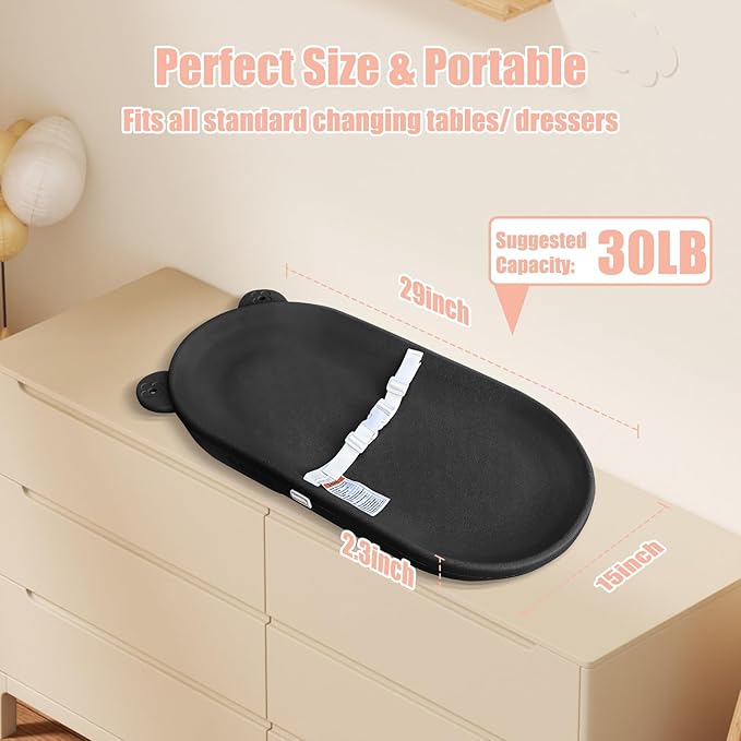 Changing Pad, Wipeable Diaper Changing Pad with Safety Belt for Changing Table, Nursery, Dresser, EVA Non-Slip Baby Changing Table Pad, Black