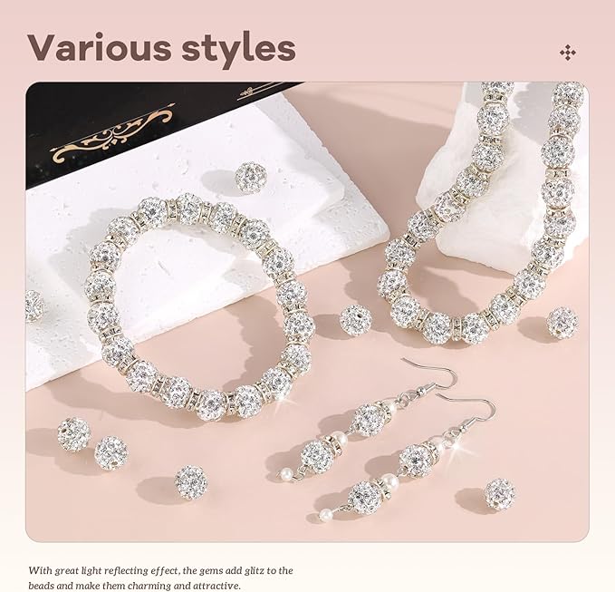 160pcs 10mm Rhinestone Beads for Jewelry Making, White Shiny Round Disco Ball Beads Bulk, Sparkle Crystal Clay Christmas for Bracelet Baseball Necklace Earring Crafting and DIY