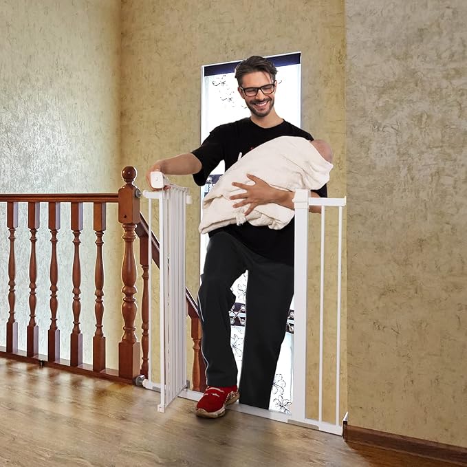 BABELIO 36" Extra Tall Dog Gate, 26-40" Wide Auto Close Baby Gate, Pressure Mounted Metal Pet, Easy Install No Drilling, No Tools Required, With Wall Protectors and Extension Kits, White