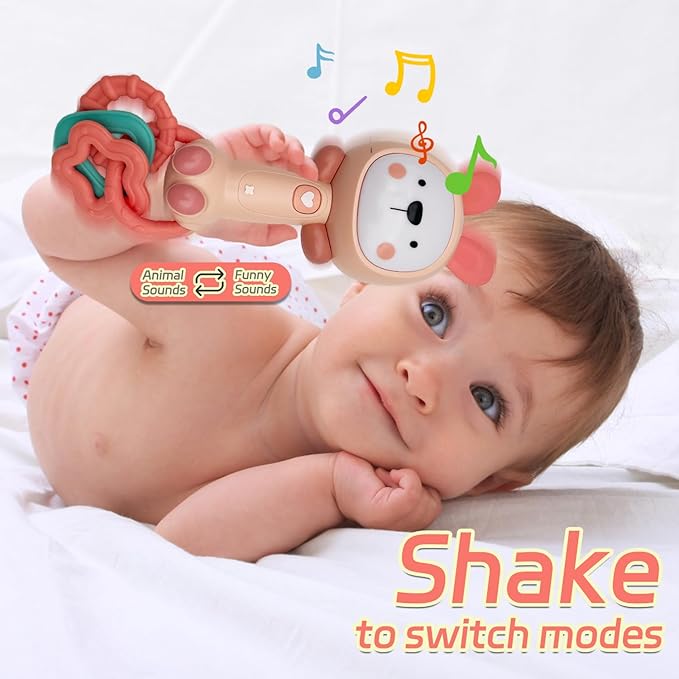 Baby Music Rattle, Teething Toys for Infants 6-12-18 Months Toddlers, Light-Up & Chew Sensory Toys for Baby Boy Girl Gifts (Rabbit)