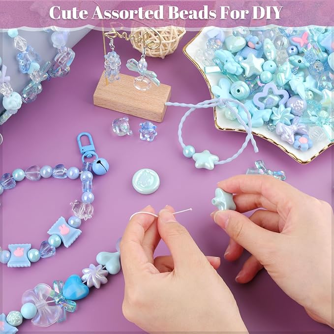 Assorted 170-230PCS Blue Acrylic Beads for Bracelet Making, Flower Bow Butterfly Candy GummyBear Aesthetic Bracelet Charms,Cute Beads for Jewelry Making DIY Necklace Keychain Phone Charm