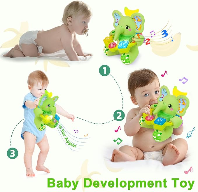 Baby Elephant Musical Stuffed Animals Toy with Light-Up Music & Crinkle Sound Paper,Infant Bilingual Early Learning Education Toys,Tummy Time Toys for 0-3-6-12+ Months Boy Girl, Green