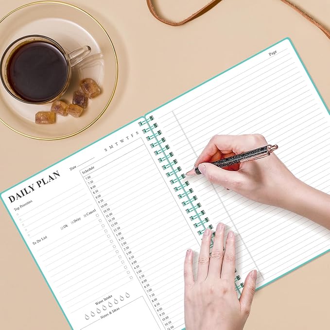 Daily Planner Undated - A4 To Do List Notebook Hourly Schedules, Spiral Appointment Planner for Women and Men,PVC Hardcover, Inner Pocket, Elastic Closure, 8.5" x 11", Teal