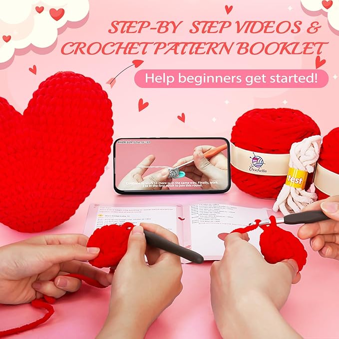 Crochetta Crochet Kit for Beginners, Crochet Kit w Step-by-Step Video Tutorials, Crochet Starter Kit Learn to Crochet Kits for Adults Kids Beginners, Heart Crochet Kit