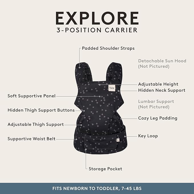 Baby Tula Explore Carriers - Breathable Baby Carrier Newborn to Toddler - Adjustable Toddler Carrier - Multiple Ergonomic Positions Front and Back - Ergonomic Fit for 7-45 lb - Cotton, Discover