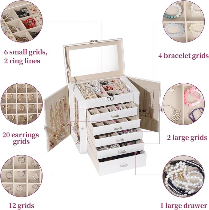 BOOVO Jewelry Box For women, 6 Layer Large Jewelry Organizer With Mirror, Multi-Function Storage Box With Lock, Accessory Holder With 5 Drawers, For Earrings Necklace Ring Bracelet (White)