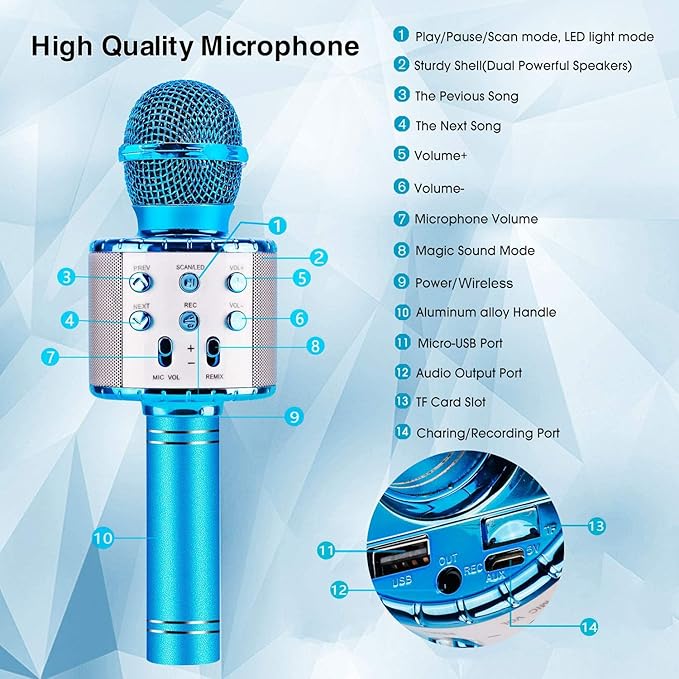 BlueFire 4 in 1 Karaoke Wireless Microphone with LED Lights, Portable Microphone for Kids, Great Toys for Kids, Girls, Boys and Adults (Blue)