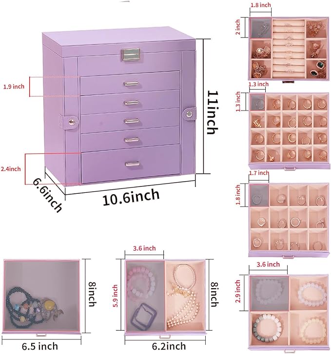 BOOVO Jewelry Box For women, 6 Layer Large Jewelry Organizer With Mirror, Multi-Function Storage Box With Lock, Accessory Holder With 5 Drawers, For Earrings Necklace Ring Bracelet (Purple)