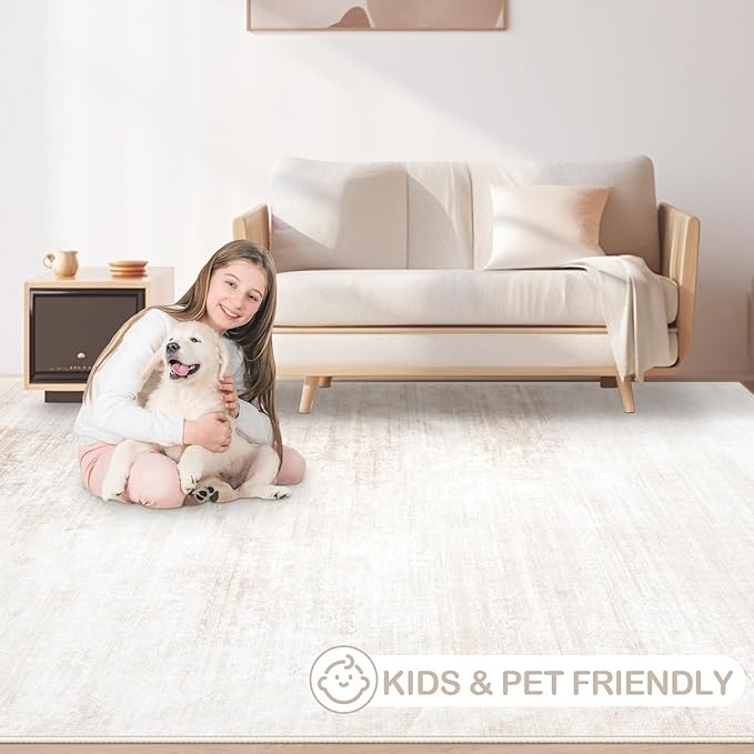 Area Rugs 9x12 Living Room: Washable Rug Modern Abstract Large Rugs Soft Non Slip Neutral Rug Stain Resistant Indoor Carpet for Bedroom Kitchen Dining Room Table Nursery Home Office Rugs(Beige,9'x12')