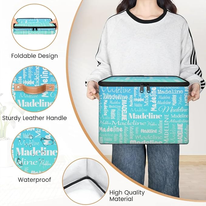 Custom Storage Basket with Name, Personalized Storage Bins with Zipper Lid, Foldable Fabric Storage Box Large capacity with Handle Blue Green Gradient