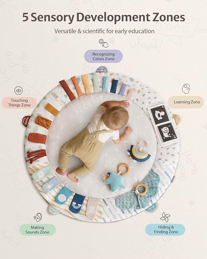 Blissful Diary Baby Play Gym & Activity Mat, 5 Developmental Zones Wooden Tummy Time Mat with 5 Detachable Sensory Toys for Motor Skills & Sensory Development, Baby Essentials Shower Gift