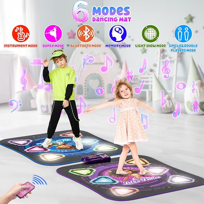 Dance Mat, 2025 Light Up 2-Player Opposing Dance Pad with Single & Double Player Modes, 12-Button Kids Music Toys with Bluetooth, Birthday for 3-12 Year Old Boys Girls