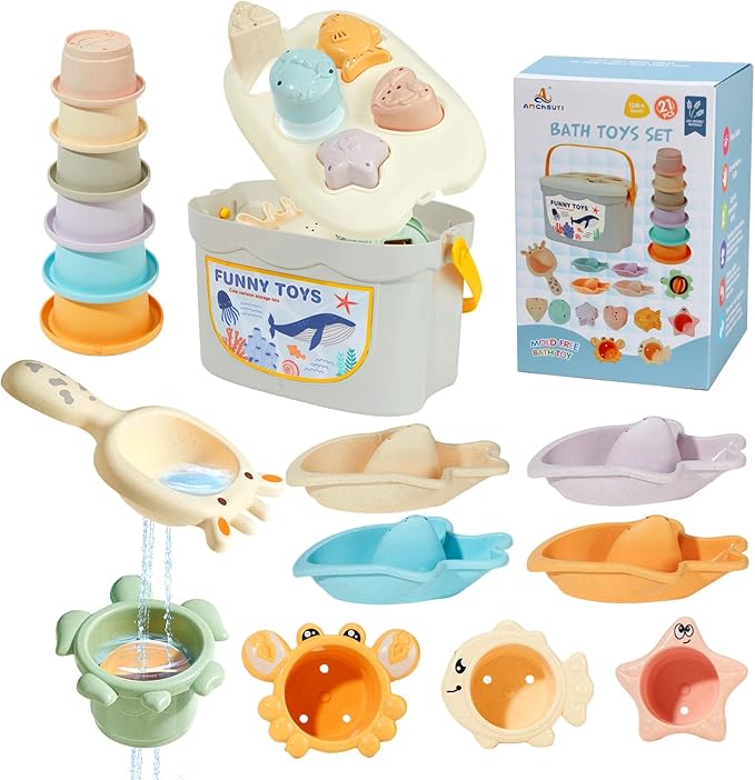 Bath Toys, 21PCS | Montessori Toys for Babies with Shapes for Sorting Play & Stacking Cups | Bath Boats & Spoon with Storage Container | Educational & Mold Free Bathtub Water Toys for Toddler Gifts