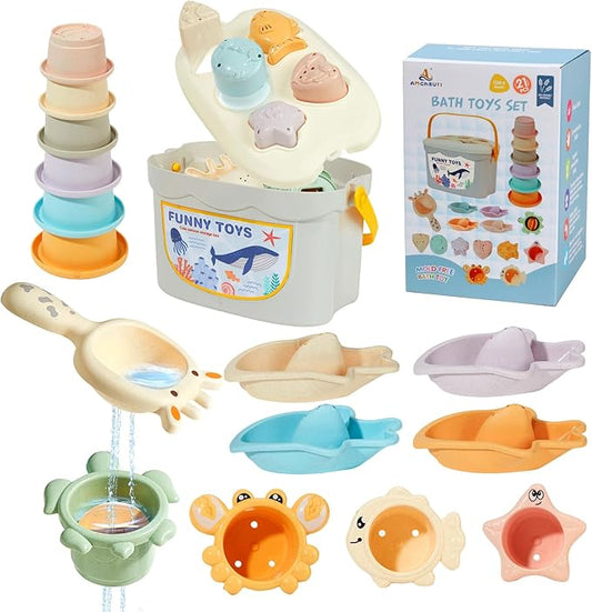 Bath Toys, 21PCS | Montessori Toys for Babies with Shapes for Sorting Play & Stacking Cups | Bath Boats & Spoon with Storage Container | Educational & Mold Free Bathtub Water Toys for Toddler Gifts
