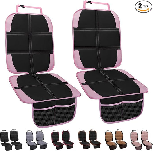 Child Car Seat Protector, 2 Pack with Mesh Pockets & Non-Slip Backing, 600D Durable (Pink, Standard)