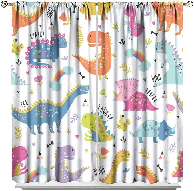 Cartoon Dinosaur Curtains for Kids Boys Girls Home Decor Childish Cute Dino Animals Print Pattern Rod Pocket Blackout Window Drapes for Nursery Baby Bedroom Playroom W26xL84in 2 Panels