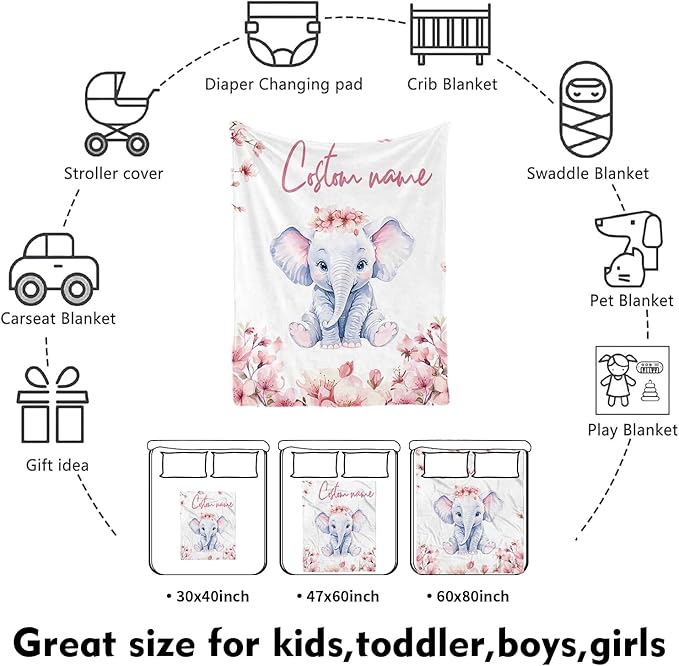 Custom Nursery Crib Bedding Set: 4 Piece Pink Flower Elephant Pattern Baby Crib Sets for Girls with Personalized Name - Toddler Double Layer Blanket Set, Comfortable Crib Bed Sheets for Baby Toddlers